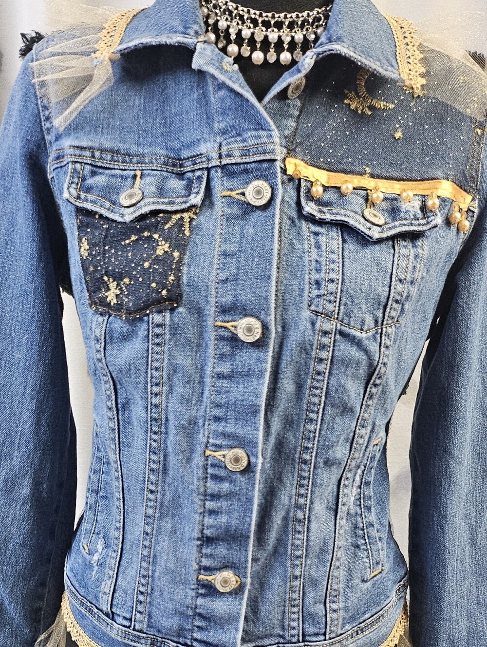 Old Navy Blue Denim Jacket with Gold Embellishments
